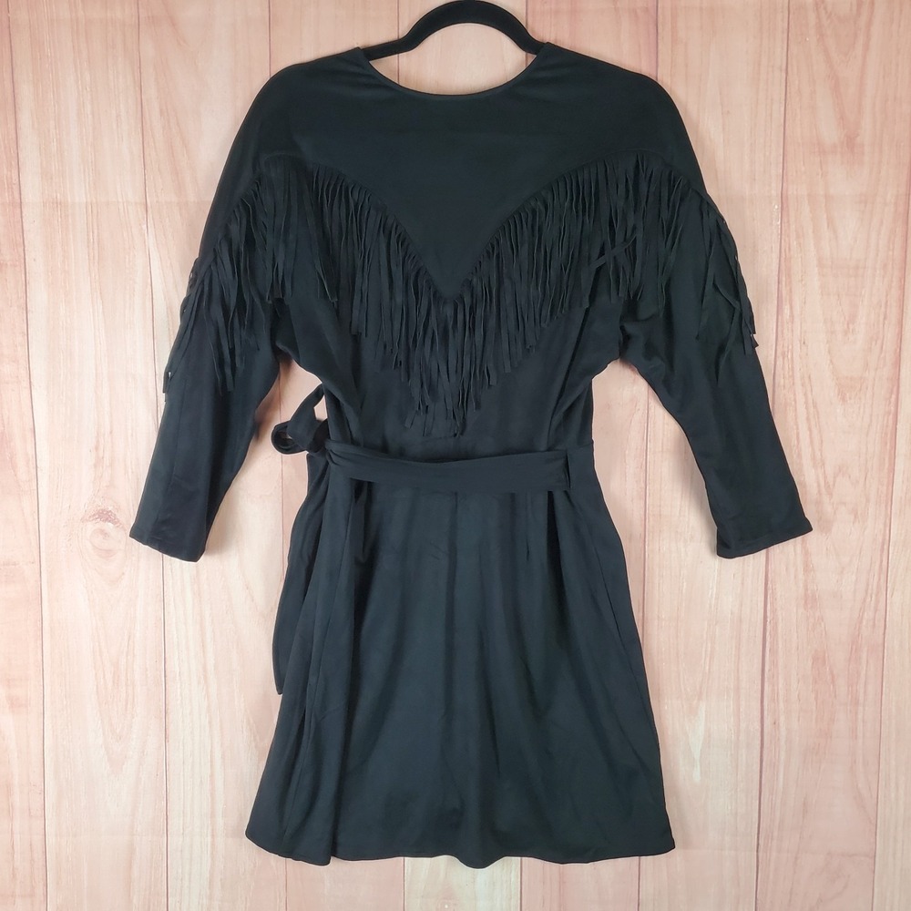 Ariat Hills Wrap Dress Womens 10 Black V Neck Fringe Detail Asymmetrical Hem - Picture 2 of 11